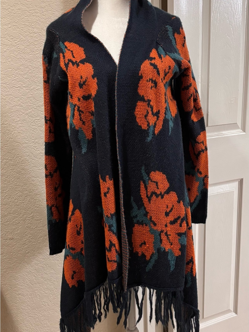 Woven Heart Blue Open-Front Cardigan with Rust Floral Motif